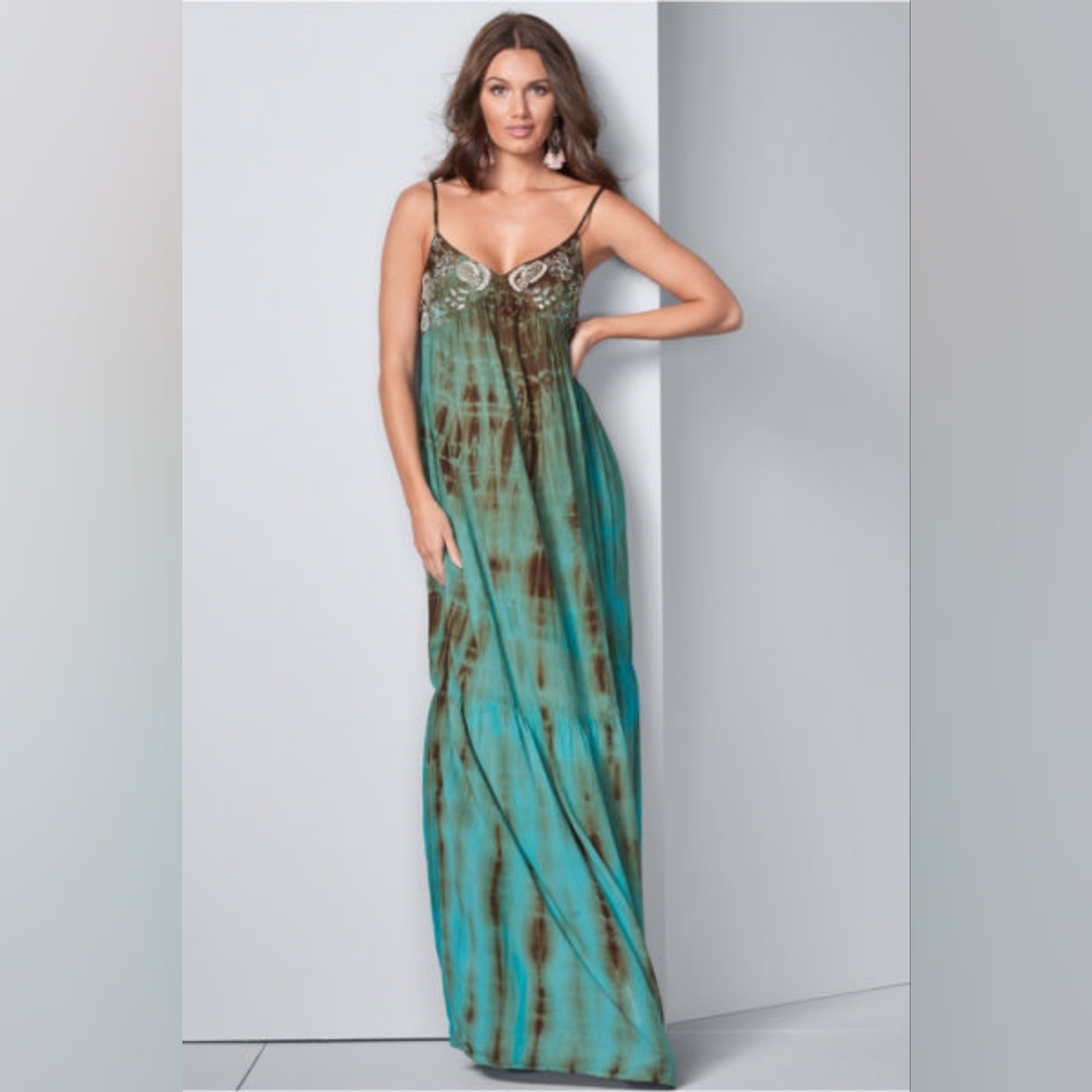 Venus Teal Embroidered Tie-Dye Maxi Dress Size 8 Like New